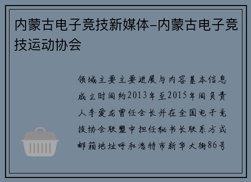 内蒙古电子竞技新媒体-内蒙古电子竞技运动协会